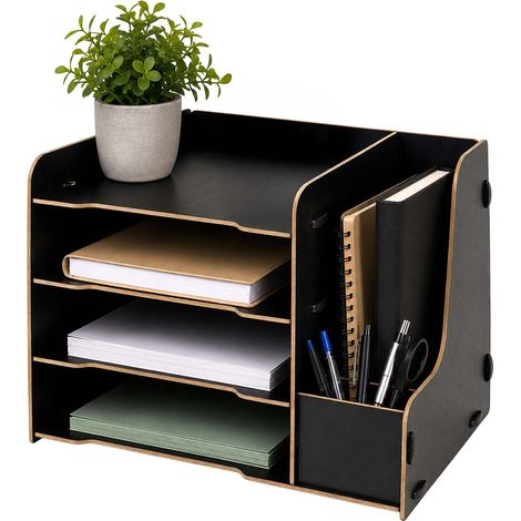 Relaxdays Briefablage, DIN A4, 4 Fächer, Stehsammler, Stifthalter, HxBxT: 23 x 31,5 x 29 cm, MDF, Ablagefächer, schwarz (1/5)