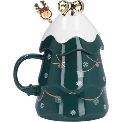 Grande tasse de Noël en céramique verte avec couvercle et cuillère - 500 ml