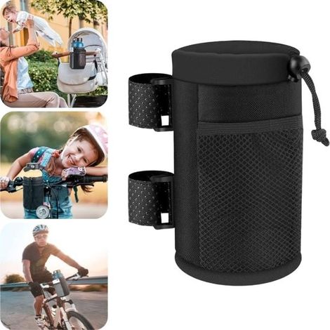 Porte-bouteille de vélo sans vis avec compartiment en filet, isolation thermique, compatible avec le guidon et la poussette, noir (1/5)