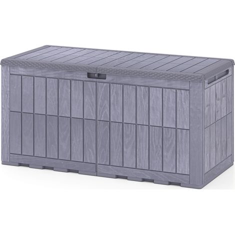 Coffre de jardin 455L marron foncé en plastique étanche avec couvercle verrouillable et vérins pour terrasse et piscine