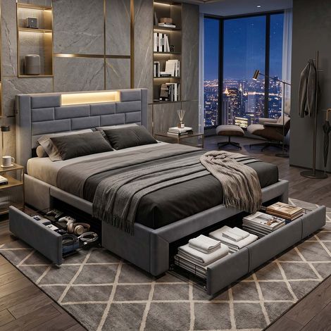 Creahappy Lit Double Adulte 160x200 cm avec 4 Tiroirs et Tête de Lit LED USB - Gain de Place - Tissu Velours Capitonnée Gris (1/5)
