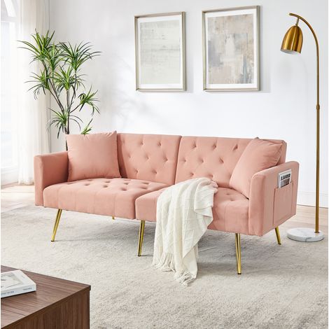 Canapé convertible 2 places en velours rose, dossier réglable 3 positions, avec 2 coussins HAVRYA (1/5)
