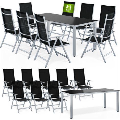 CASARIA® Conjunto de 1 Mesa y 8 Sillas de Aluminio Bern Silla Plegable 8 Posiciones Tablero de Vidrio Muebles Exterior Plata (1/5)