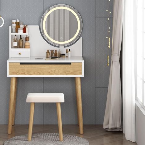 Coiffeuse avec Miroir LED Rond, Tabouret, Prises USB, Rangement Compact Blanc (1/5)