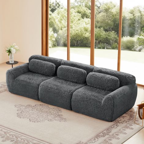 Canapé Modulable 3 Places Profond, Tissu Peluche Ergonomique, Sans Assemblage, Gris (1/4)