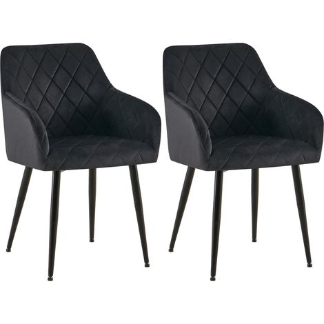 Lot de 2 chaises de salle à manger en velours noir avec coutures décoratives en losange pieds noir chic et contemporain 100007741