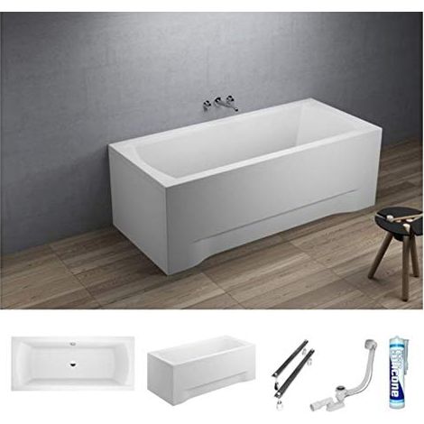 ECOLAM Baignoire rectangle Ines Polimat 170x75 cm + tablier  pieds siphon et silicone  Set complet (1/5)