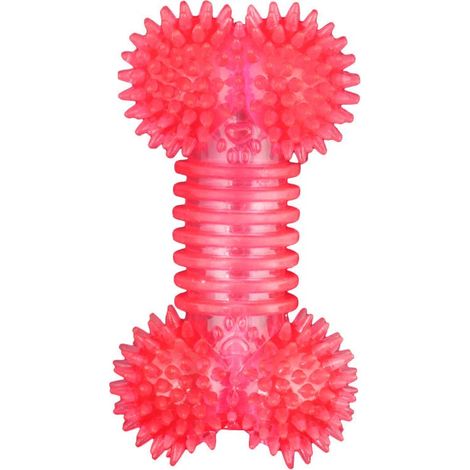 Giocattolo da masticare per cani a forma di osso rosso, realizzato in gomma sicura. (1/4)