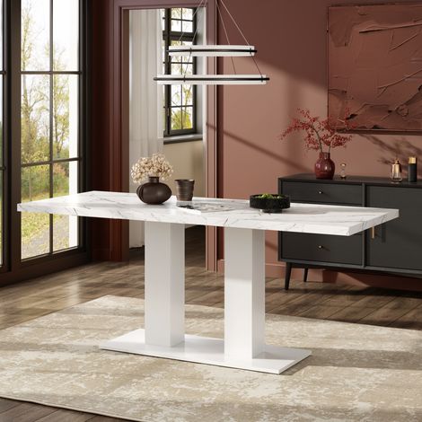 Table à manger extensible 140/180x70 cm blanche en MDF avec plateau épais et pieds doubles (1/5)