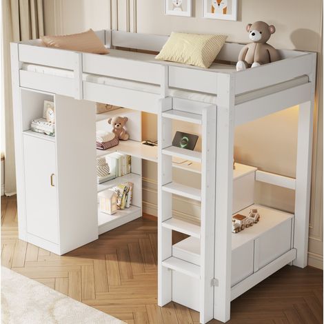 Lit mezzanine 90x200 avec armoire, étagères, bureau, LED et USB, blanc (1/5)