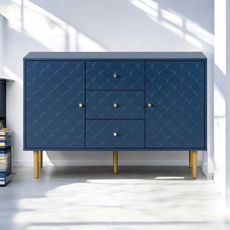 URBAN MEUBLE Armoire de rangement de bureau bleu marine avec 2 portes et 3 tiroirs 120x40x82cm (1/5)