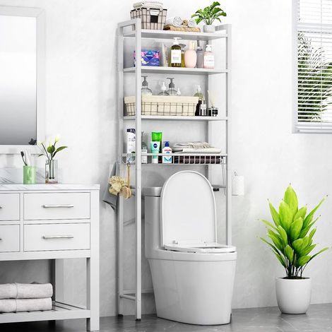 Étagère de Toilette Multifonctionnelle Ajustable à 4 Niveaux avec Panier pour Salle de Bain et Toilettes, Gain de Place, Facile à Assembler - Blanc (1/5)