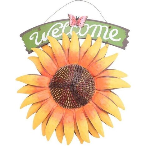 Panneaux de bienvenue de jardin en métal à suspendre, plaque décorative peinte à la main en forme de tournesol pour porte d'entrée