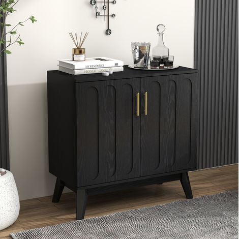 Buffet vintage à façades rainurées avec étagères réglables et passe-câbles, meuble de rangement en bois et MDF noir (1/5)
