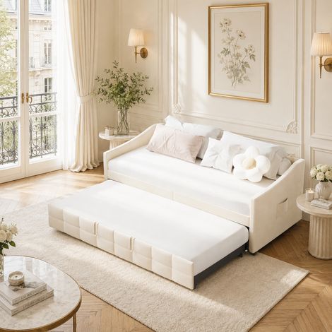 Canapé Lit Convertible 90 x 200 - Lit gigogne extensible 90 x 200 - Lit simple en velours avec rangement - Sommier à Lattes - Beige - Salon/Chambre (1/5)