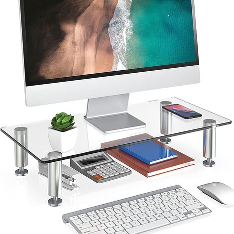 Support moniteur en verre trempé 38,5x24x7,6cm – Charge max 35kg – Antidérapant – Ergonomique pour bureau et TV – Fitueyes