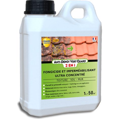 Guard Industrie – Fongicide hydrofuge concentré 2 en 1 – Anti dépôt vert – Sec en 2h – Pour toiture, façade et sol – 1L