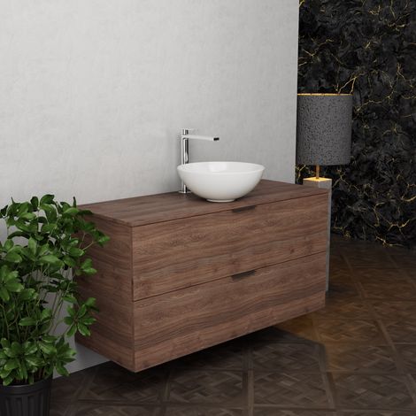 Inda - Badezimmerschrank B.120 mit Aufsatzwaschbecken / Braune Eiche 2 Schubladen - Topazio (1/5)