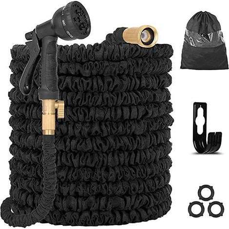 Expandable garden hose, retractable hose 8 kinds of water guns/hose holder/storage bag, for lawn, watering flowers/etc. (Black, 50FT)