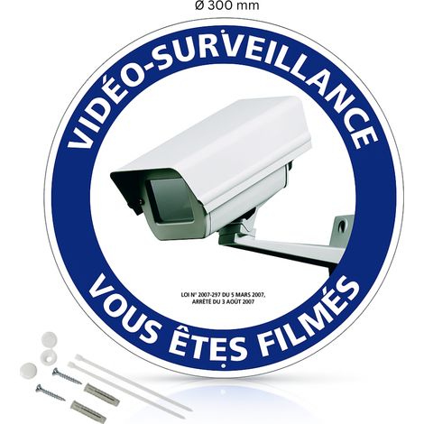 Vidéo surveillance vous êtes filmés panneau de signalisation rond en aluminium prépercé avec kit de fixation complet - Diamètre 300 mm