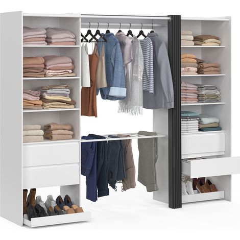 Idmarket – Dressing double XXL 220 cm – 2 portes – 8 étagères dont 3 réglables – 4 tiroirs – Rangements à chaussures – Blanc et gris (1/5)