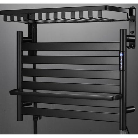 Schwarzer, geradliniger Handtuchwärmer aus Aluminium mit Timer und Wandhalterung zur Temperaturregelung im Badezimmer. Mit Ablagefläche. (1/5)