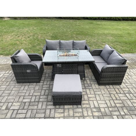 Fimous Polyrattan Gartenmöbel Set mit Gasfeuerstelle Esstisch 7-Sitzer Garten Sofa im Freien Set Dunkelgrau Gemischt (1/5)