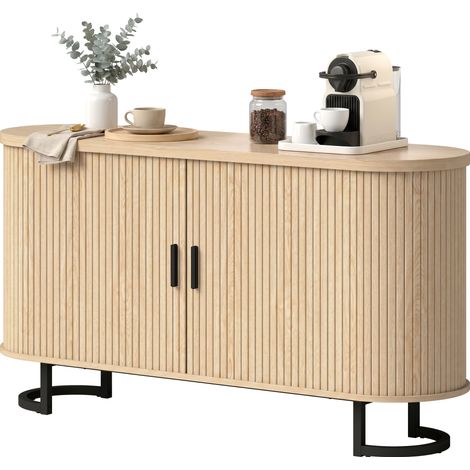 Buffet salon, meuble de rangement ovale avec 2 portes coulissantes et étagères réglables, 140x40x75cm, bois naturel (1/5)