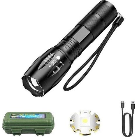 1 lampe torche - Lampe torche LED rechargeable - Batterie rechargeable intégrée - 3 modes d'éclairage - Câble de données USB inclus - Étui de rangement inclus - Noir (1/5)