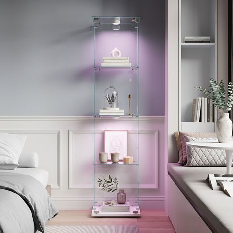 Vitrina de cristal con LED RGB - Mueble expositor - Vidrio templado - 1 puerta - 4 estantes - Cerradura y base - Blanco (1/5)