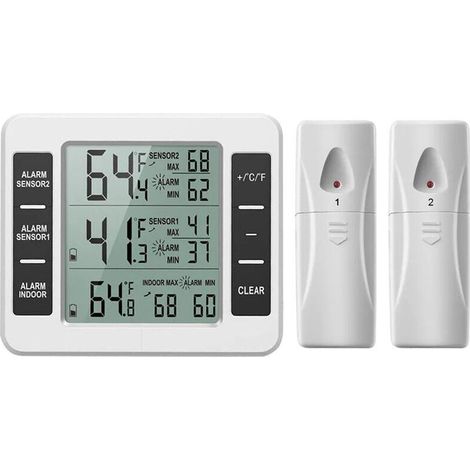 Thermomètre de réfrigérateur numérique sans fil, version améliorée du capteur numérique de thermomètre congelé, avec alarme sonore de capteur 2PCS et moniteur de température intérieure / extérieure