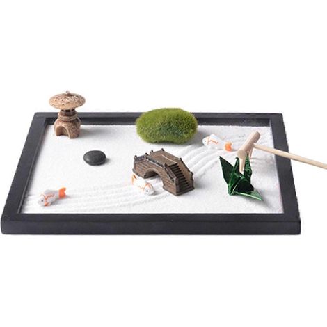 Miniatur-Zen-Garten-Sandset, Meditations- und Entspannungsdekorationsset aus Kunstharz, Ornamente, Büro-Mikrolandschaftsdekoration