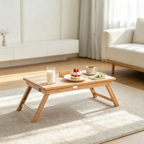 Petit-déjeuner au lit ou travail sur canapé, table de lit en bambou hauteur réglable 22-32,5 cm (1/5)