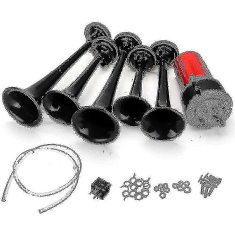 Klaxon pneumatique à 5 trompettes pour véhicules avec compresseur 12 V, noir (1/5)