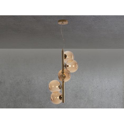 LED Pendelleuchte 5-flammig in Messing mit Amber Glaskugeln lang, Höhe 183cm (1/5)
