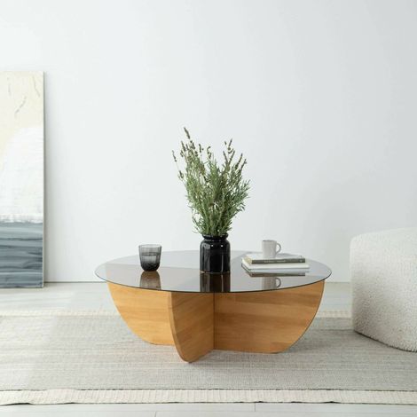 Dmora - Mesa de café Dpere, Mesa de centro baja, Revistero para sofá, Estante de la sala de estar, 90x90h30 cm, Roble (1/5)