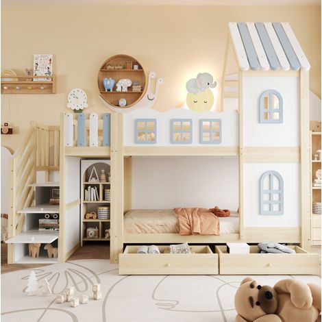 DESVIAE Lit superposé enfant 90 x 200 cm avec garde corps nuage toit cabane fenêtres échelle de rangement étagères tiroirs bois blanc gris naturel (1/5)