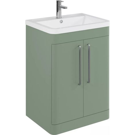 Balterley Calwich Contemporary Bathroom Floor Standing Vanity with 2 Soft Close Doors & 1 Tap Hole Polymarble Basin, Satin Green, 600mm (1/4)