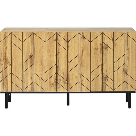 Aparador moderno 120 x 35 x 70 cm con 3 puertas y patas metálicas, efecto ondulado, madera natural (1/5)