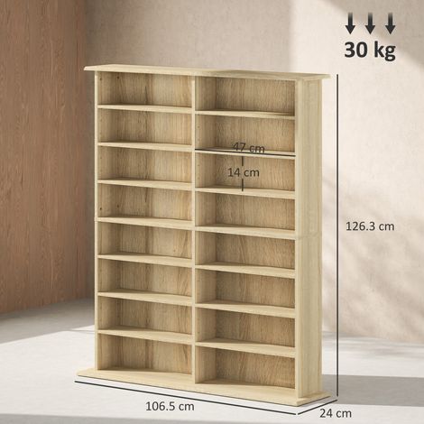 Bibliothèque CD en bois à 16 niveaux, design moderne, 106,5 x 24 x 126,3 cm, finition naturelle. (1/5)