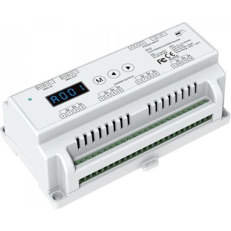 Decoder DMX512 RDM 12 Canali RGB a Tensione Costante, 12-24V DC, 5A per Canale, Totale 60A, PWM 500-32000Hz, Guida DIN, per Strisce LED RGB
