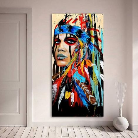 Impression sur toile portrait pour salon, femme indienne avec plumes et fierté, décoration d'intérieur (60 x 120 cm, sans cadre) (1/5)