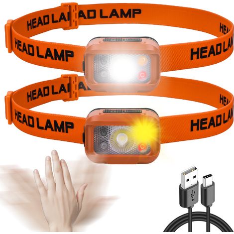 Wiederaufladbare, ultraleichte, freihändige LED-Stirnlampe orange Lichtleistung mit hohen Lumen weißes/warmes/rotes Licht USB-C-Ladeanschluss und Batterieanzeige Bewegungssensor lange Dauer von (1/5)