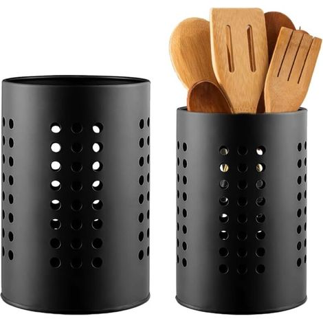 Porta utensili da cucina, 2 porta posate in acciaio inox, cestello per organizzare gli utensili da cucina, contenitore per pentole e utensili, nero (1/4)