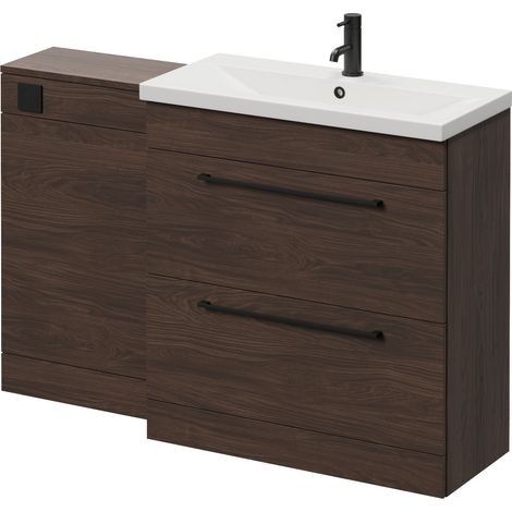 Napoli 390 Brown Oak 1300mm 2 Drawer Vanity Unit Toilet Suite with Glide Basin - 1300mm - Matt Black 480mm HandleWithout Kingston Toilet Pan