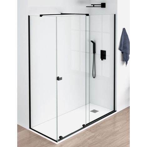 Mampara de Ducha Angular - 2 Hoja Fija + 1 Puerta Corredera - Modelo Arabela Negro Q3 (70x 155) (1/3)