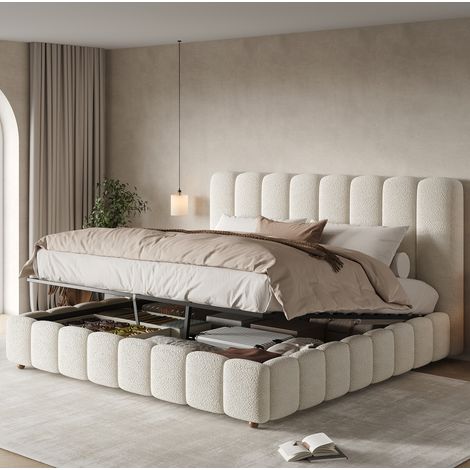 Letto contenitore 160x200 cm con sistema idraulico, testiera imbottita, bianco HAVRYA (1/5)