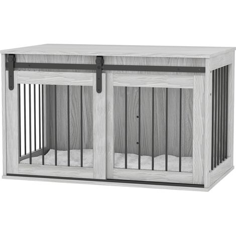 98cm Dog Crate Furniture  Removable Cushion for Large Dogs - Grey (1/5)