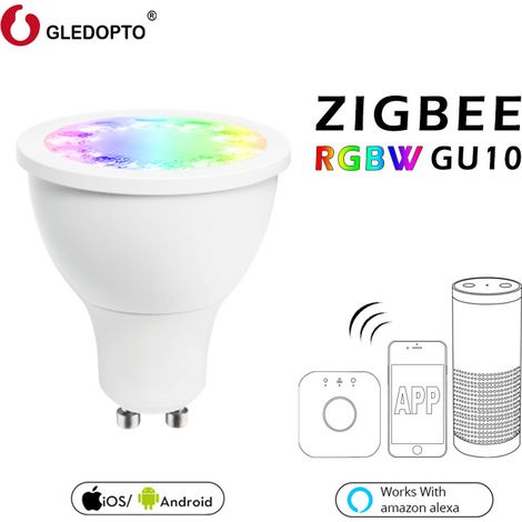 Projecteur LED ZIGBEE RGBCCT GU10 5W, compatible avec les passerelles internationales et contrôlé via une application mobile.