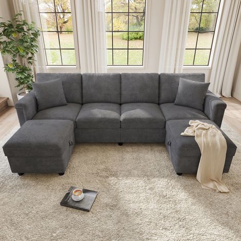 Canapé Panoramique Modulable 6 Places 261x134x82 cm, Forme U/L, 2 Poufs Coffres, USB/USB-C, Ressorts Ensachés, Chenille Gris (1/5)